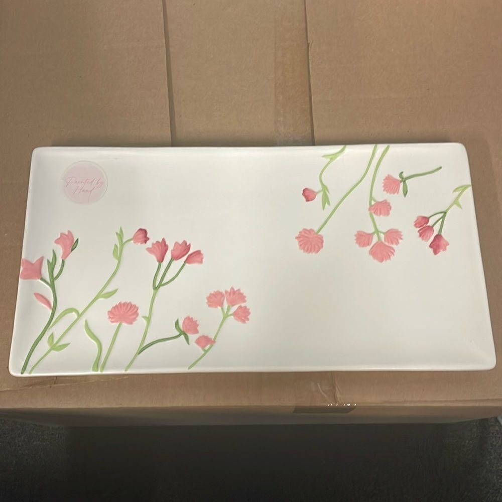 New ceramic hand painted pink flower rectangular platter decorative serving tray